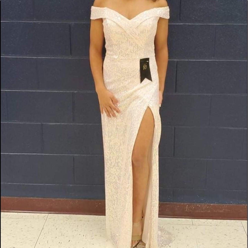 white, iridescent formal dress.